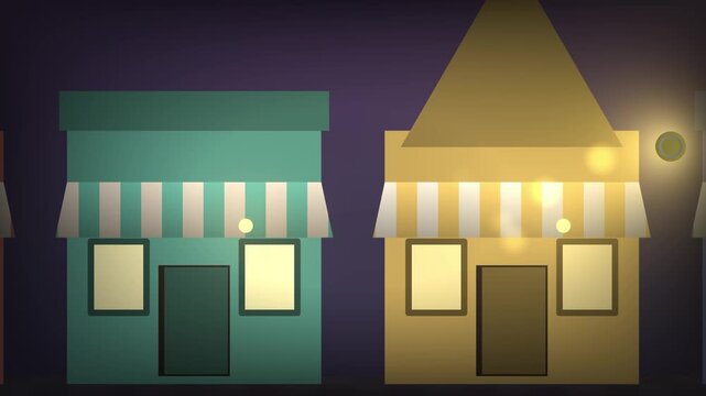 Golden coin jumping between two animated storefronts