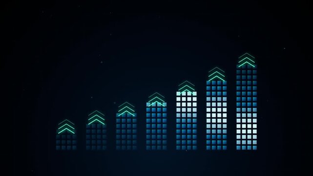 Digital growing bar chart with glowing blue squares and upward arrows representing business growth and financial success