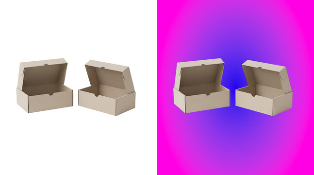 Two empty, open cardboard shipping boxes with flaps, beige color, arranged side by side, isolated on a white background, for logistics