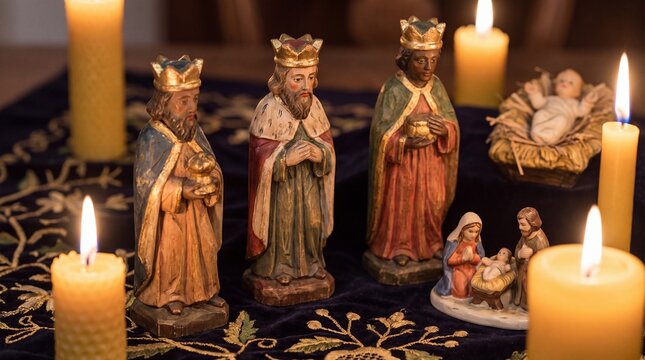 Three Kings Figurines Near Nativity Scene With Baby Jesus Figure And Candlelight For Epiphany Holiday And D&iacute;a De Los Reyes Tradition