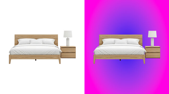 Wooden bed frame with white bedding and a bedside table with a lamp, isolated on a white background, for furniture catalog display