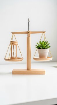 A minimalist wooden scale perfectly balanced on a bright workspace, holding a classic wooden hourglass and a fresh green succulent plant, focus, workspace, stationary