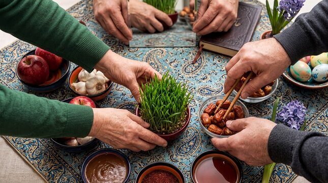 cultural traditions, a close-up of hands setting a haft-seen table for nowruz celebrations