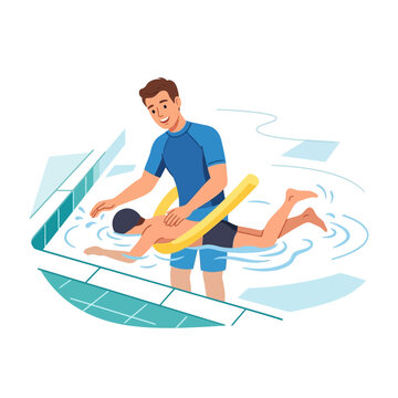 Male Instructor Teaching Child to Swim in Pool with Noodle Float