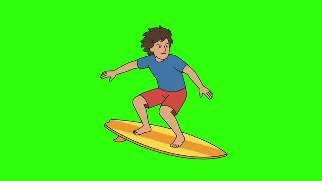 A 2D cartoon young man in t-shirt and shorts balancing on a surfboard, isolated on a bright chroma key green screen background. Perfect for summer sports videos, surf school marketing, beach party int