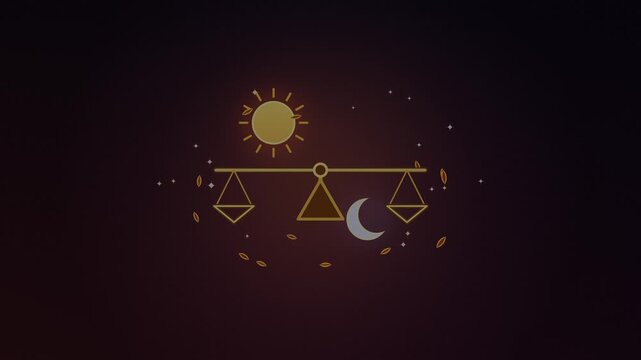 Animated graphic of the sun and moon revolving around a balance scale on a dark