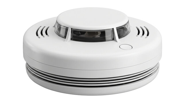 Modern white smoke detector on white background, residential fire alarm sensor, home safety security device for ceiling mounting