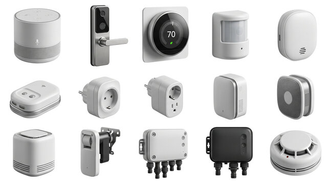 Smart home automation devices set, modern IoT security gadgets collection, white wireless electronic sensors and controllers on white background