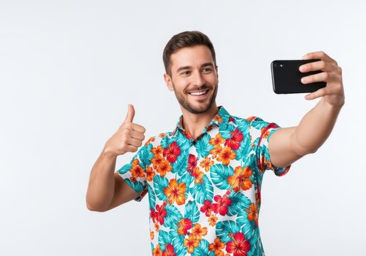 Smiling man taking selfie with thumbs up in colorful floral shirt