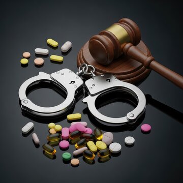 Handcuffs lie beside a gavel and scattered pills on a dark surface, representing the severe legal repercussions of illicit substance abuse, control, court, punishment