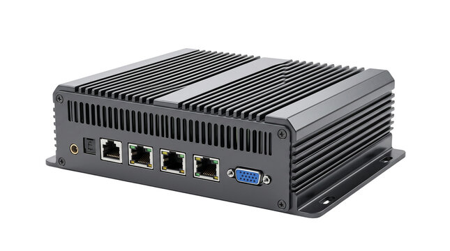 Industrial fanless mini PC with dual LAN ports, rugged embedded computer for automation, compact black metal workstation on white background