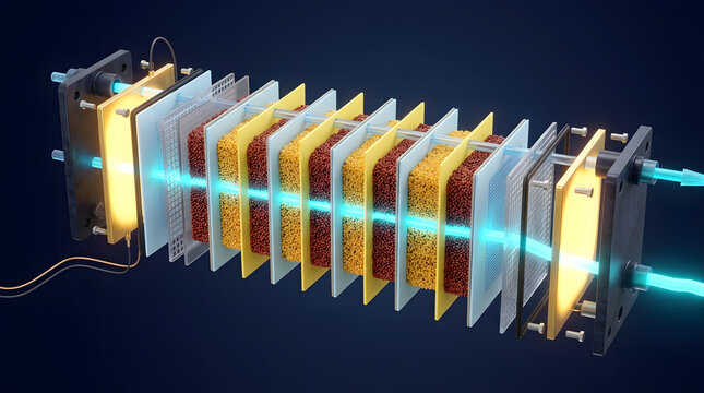 3D render of an industrial electrochemical fuel cell stack, cross section showing granular electrodes and glowing blue energy flow, clean engineering design concept for renewable hydrogen power