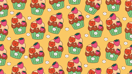 Obraz premium Desktop pattern with cute hand drawn cartoon cupcake with topping strawberry and chocolate bear