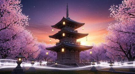 Obraz premium An ancient pagoda stands amidst glowing cherry blossoms under a mystical purple and orange sky while mist swirls around stone lanterns, orange, twilight, fog