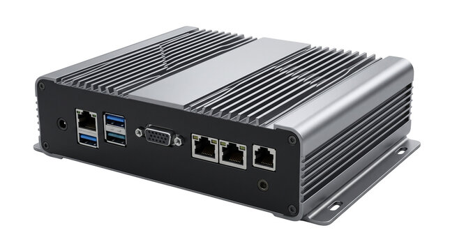 Industrial mini PC with rugged aluminum chassis, fanless embedded computer with LAN and USB ports, compact silver workstation for edge computing