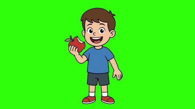 A cheerful cartoon boy holding a bitten red apple isolated on a solid green chroma key background. Ideal for health and wellness videos, children's nutrition education, keyable video overlays, and com