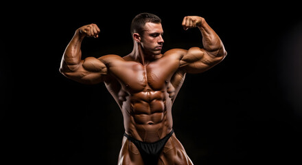 Obraz premium Muscular bodybuilder flexing muscles biceps triceps abs posing isolated.