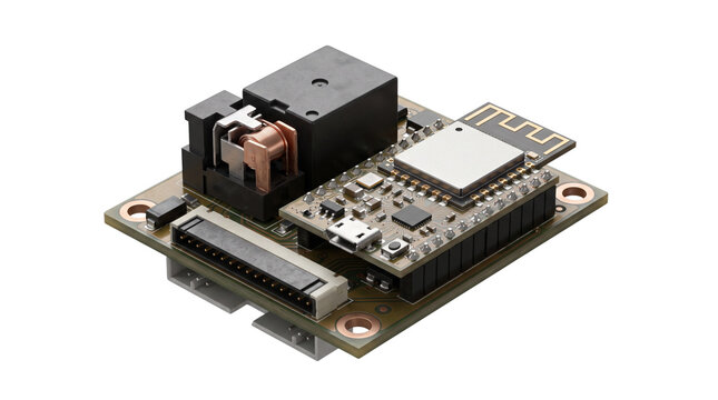 Electronic microcontroller circuit board with wireless module. Integrated hardware components on PCB. Microchip processor for IoT development.