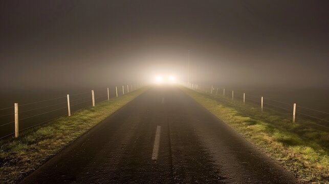 A straight, dark road shrouded in thick fog, illuminated by approaching headlights