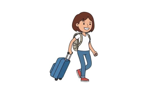 A cheerful 2D cartoon girl with a backpack pulling a blue luggage bag on wheels as she walks, isolated on a clean white background. Perfect for travel agency graphics, airport navigation guides, mobil