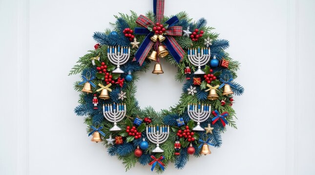 Hanukkah wreath with menorah candles and blue ribbon decor