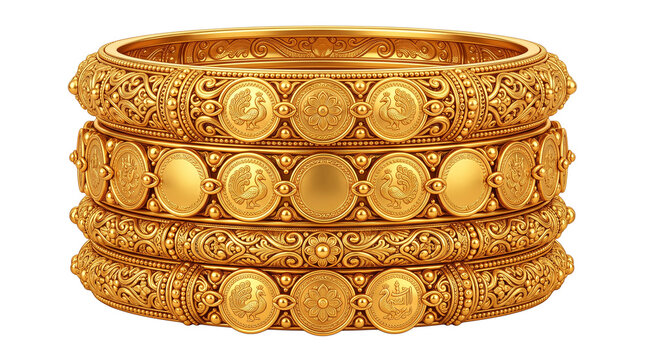 Traditional gold bangles with intricate filigree, ornate Indian bridal jewelry set, luxury yellow gold bracelets for wedding fashion isolated PNG with Transparent Background