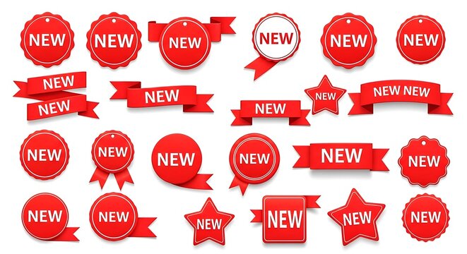 Assorted vibrant red new labels and badges in various shapes and sizes isolated on white background