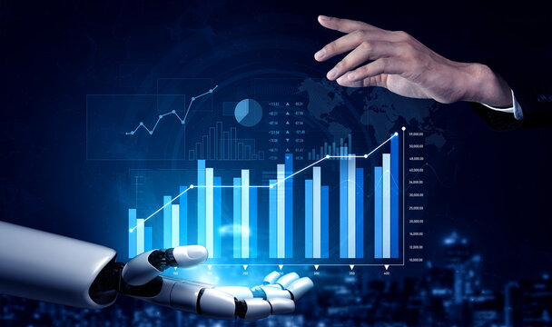 A captivating visual of a robotic arm presenting data analysis while a human hand reaches out, symbolizing the integration of technology and human decision-making in business. Scalp