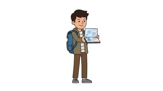A friendly cartoon boy character carrying a backpack and holding up an open passport ID document isolated on a clean white background. Great for travel booking websites, immigration services, study ab
