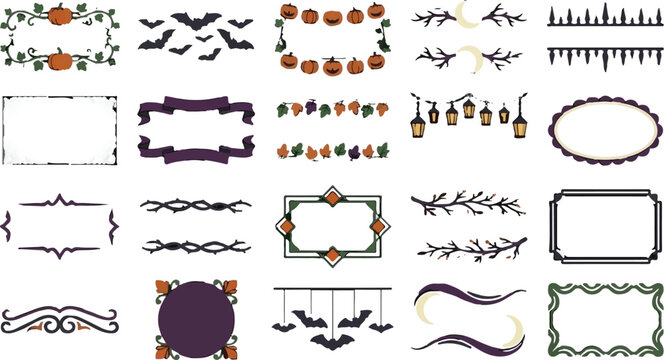 Halloween vector collection with frames, borders, pumps, bats, crowns, designs for card, poster, label, logo, invitation, scrapbooking, print, web, ui, art, graphic, decoration