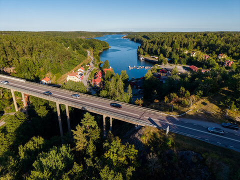 Aerial view of The Verkeb&auml;ck Bridge near the baltic sea in Sweden, Scandinavia