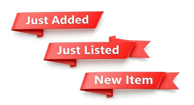 Three red ribbon banners with different text labels on a white background isolated on white background