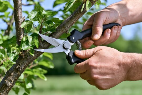 Hand holding pruning shears trimming a branch in a garden
