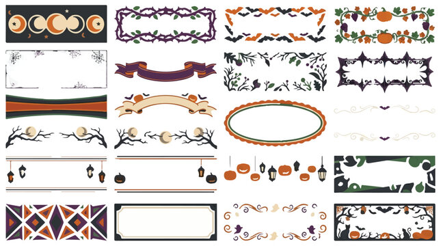 Halloween borders and frames collection. Ornamental dividers with bats, pumpkins, and moons. Vintage spooky vector elements for greeting cards and flyers. Orange, purple