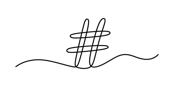 Black hashtag symbol drawn in a single continuous line style isolated on a white background Vector, illustration