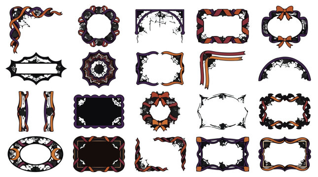 Vintage Decorative Frames Collection, Retro Ornate Borders, Antique Baroque Corner Elements and Text Labels, Black White Orange