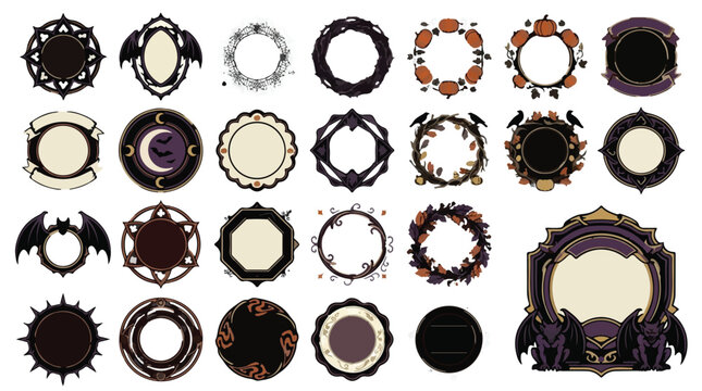 Gothic vector frames and intricate magical circular borders. Dark ornate decorative magic elements with bats and moons. Vintage spooky game assets. Fantasy symbols for design.