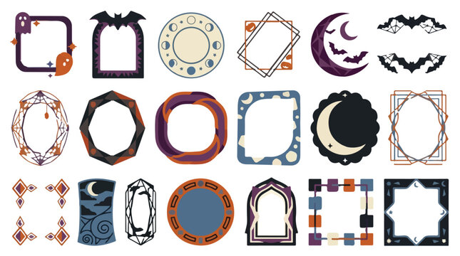 Halloween Border Frame Set With Pumpkin, Bat And Moon Vector Illustrations