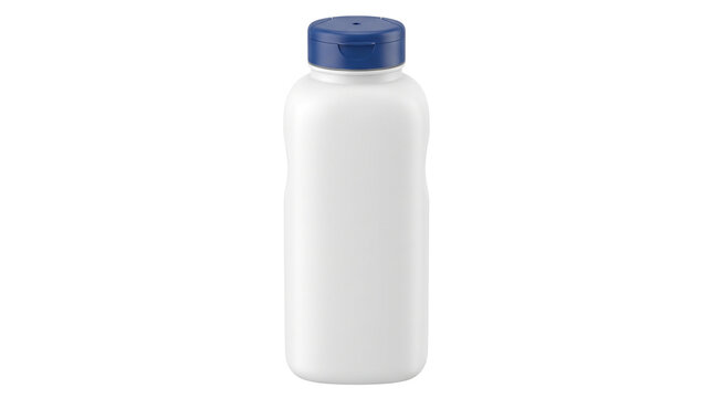 White plastic bottle with blue cap, blank cosmetic container for powder or lotion, medical packaging mockup for healthcare products isolated PNG with Transparent Background
