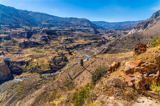 A view down the Colca River towards into the Colca Canyon in the Andes of Peru in the morning