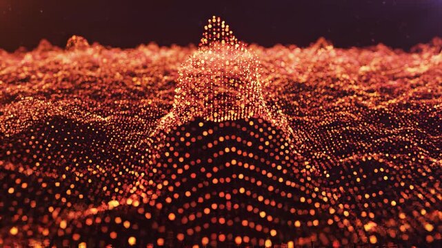 Abstract glowing particles forming mountain peaks during a dark cinematic scene with subtle camera movement