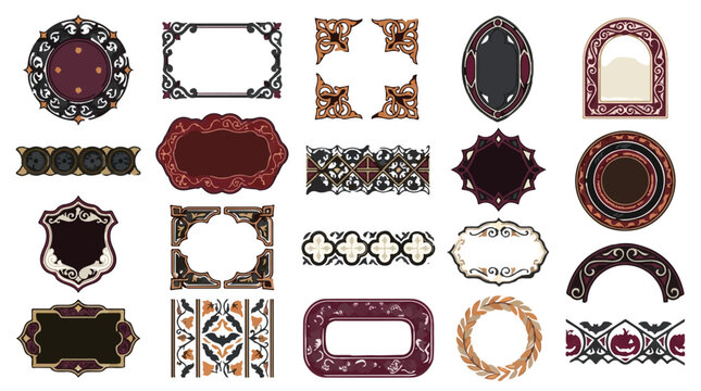 Vintage Ornamental Frames and Decorative Borders Set. Antique Labels, Badges, Emblems, and Dividers with Ethnic Patterns. Elegant Design Elements for Invitation Cards, Certificates