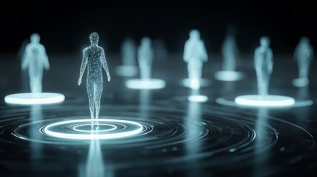 Futuristic digital human silhouettes on glowing data circles. Abstract blue hologram people in virtual network. Cyber technology connection concept.