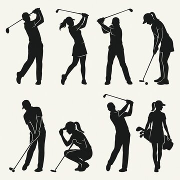 Golf Player Silhouettes Vector Collection with Men and Women in Dynamic Swing Poses for Sports, Recreation, Competition and Athletic Illustration
