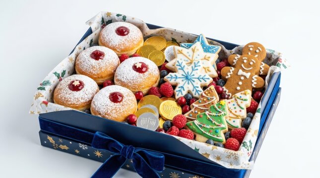 Christmas gift box with festive cookies and holiday donuts