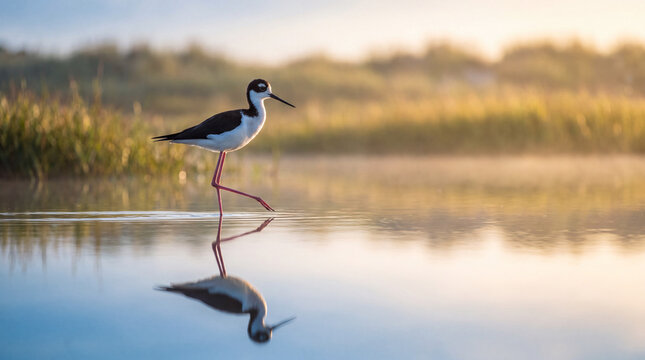Black-necked Stilt wading in calm shallow water with a perfect mirror reflection at golden sunrise
