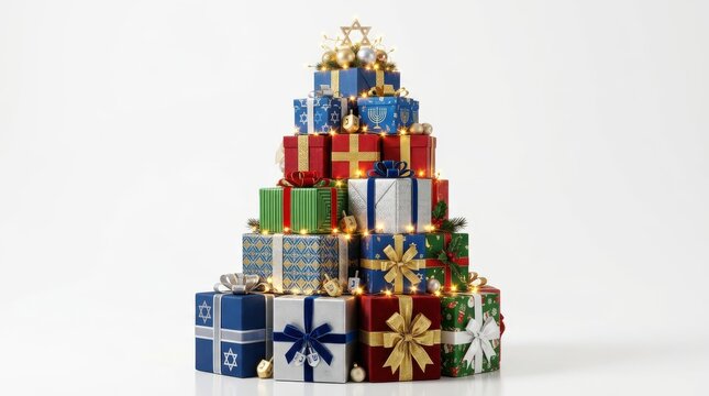 Stack of colorful christmas gift boxes arranged like a tree