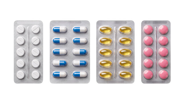 Four blister packs of assorted isolated on png transparent background
