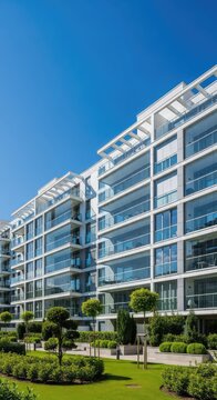 Sleek contemporary apartment complex featuring glass balconies, manicured gardens, and clean architectural lines under a bright blue sky, building, complex, residential