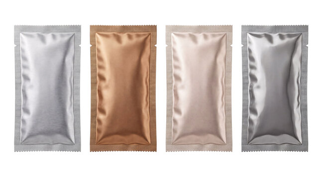 Four foil pouches in silver, isolated on png transparent background